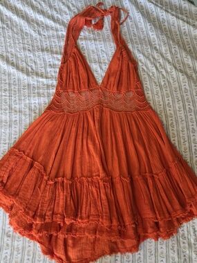 Free People Bright Orange Halter Crochet Waist Mini Dress